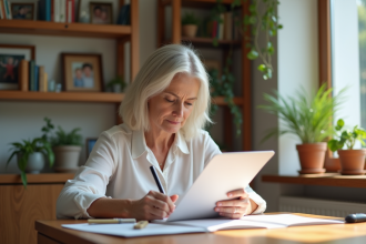 Femme d'âge moyen vérifiant des documents bancaires à la maison