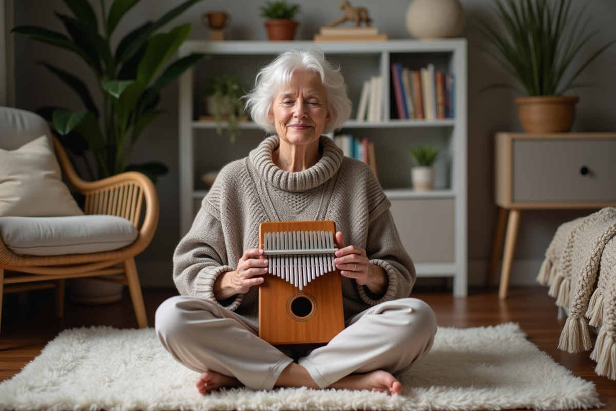 Femme méditative jouant du kalimba dans un salon cosy