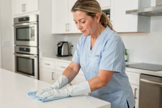 Femme de ménage en uniforme bleu essuyant un plan de travail dans une cuisine moderne