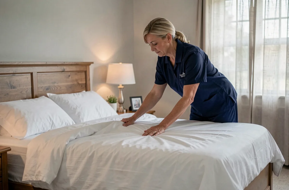 Femme de ménage refaisant un lit avec des draps blancs propres dans une chambre lumineuse et ordonnée