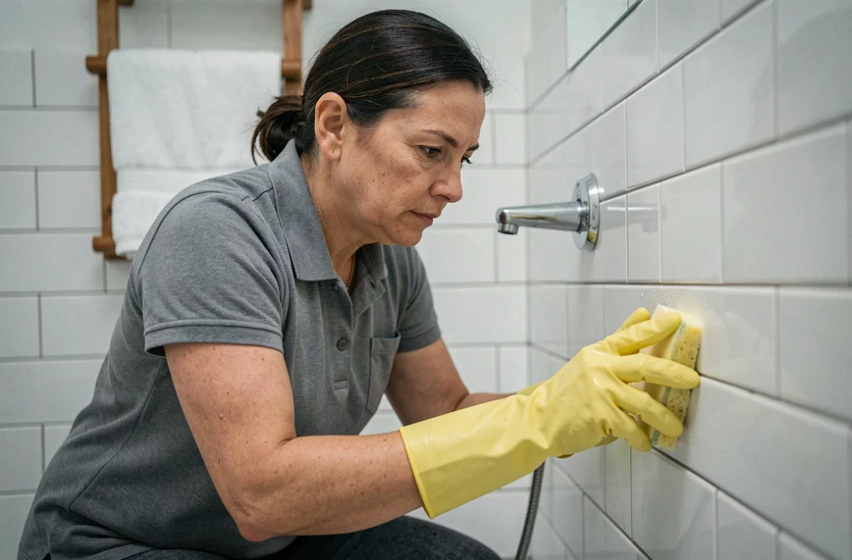 Femme de ménage nettoyant les carrelages d'une salle de bain avec soin et professionnalisme