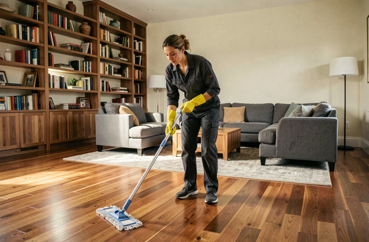 Femme de ménage passant la serpillière dans un salon spacieux avec parquet en bois
