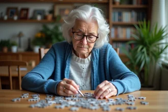 Femme âgée en train de faire un puzzle dans un salon chaleureux