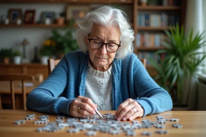 Femme &acirc;g&eacute;e en train de faire un puzzle dans un salon chaleureux