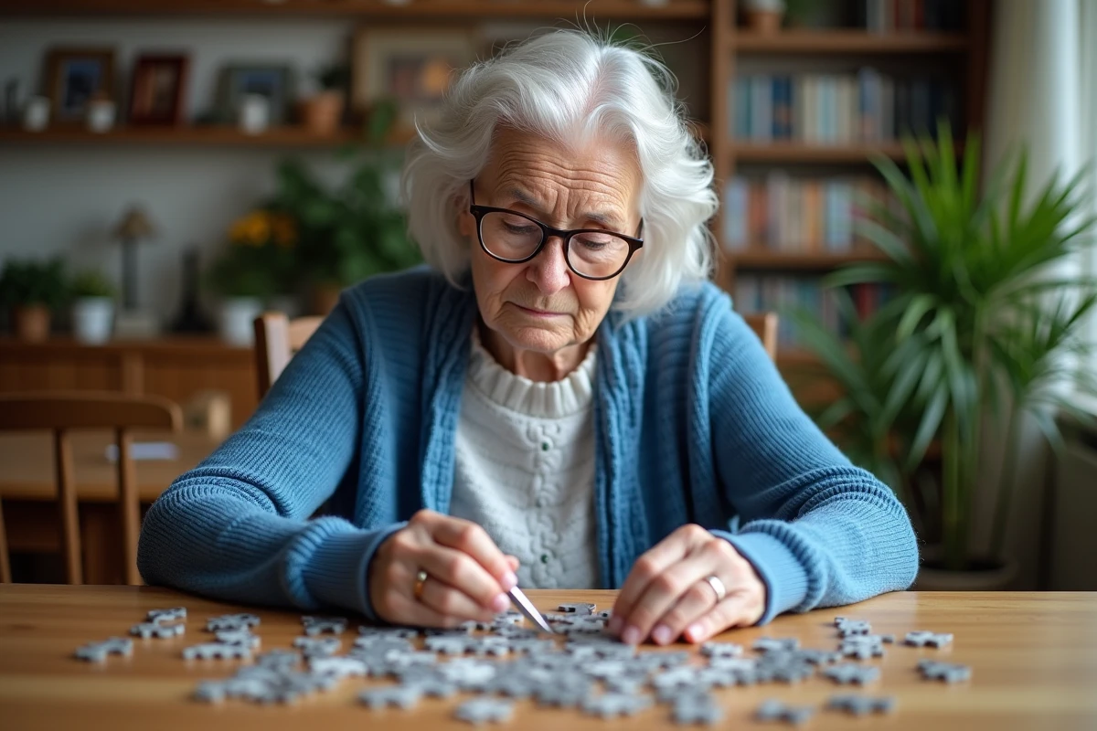 Femme âgée en train de faire un puzzle dans un salon chaleureux