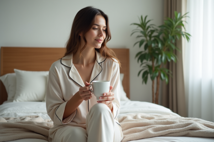 Femme en pyjama détendu sirotant une tasse dans son lit
