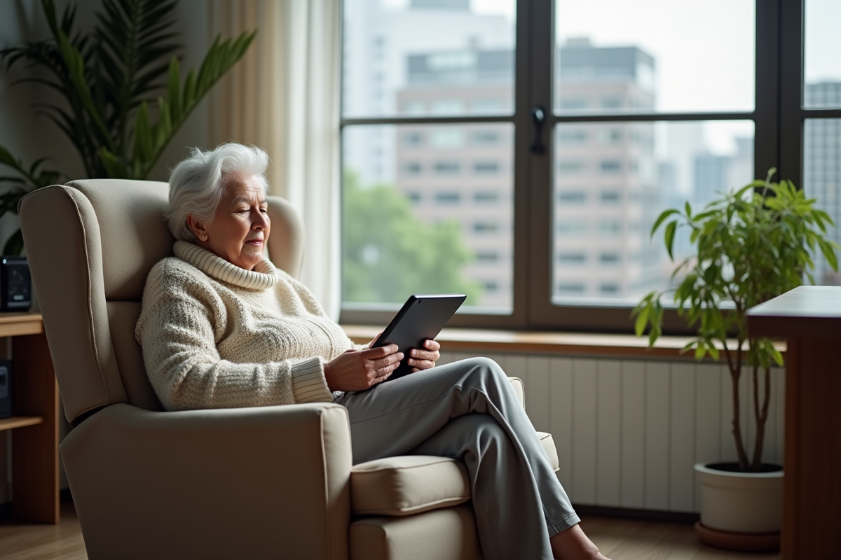 Femme âgée lisant sur une tablette dans un bureau