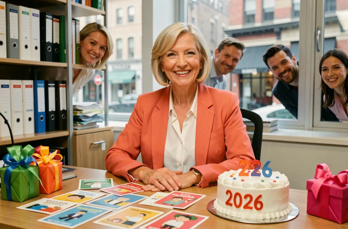 Femme souriante fêtant son départ à la retraite entourée de cartes humoristiques et de cadeaux de bureau en 2026