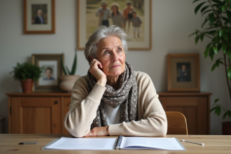 Femme française d'âge moyen examinant des documents de retraite à la maison