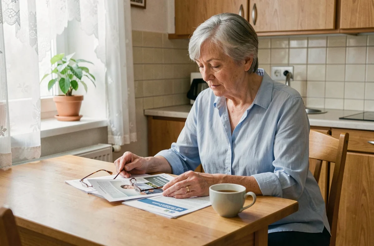 Femme retraitée consultant des documents sur les aides ménagères de la CAF à sa table de cuisine