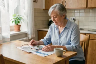 Femme retraitée consultant des documents sur les aides ménagères de la CAF à sa table de cuisine