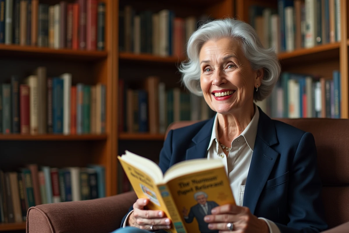 Femme retraitée élégante souriante avec un livre humoristique dans une bibliothèque, illustrant l'humour adapté à la sensibilité des retraités