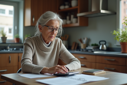 Femme retraitée examine des papiers de pension à la maison