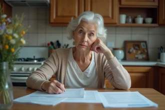Femme retraitée examine des papiers de pension à la maison