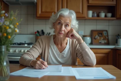 Femme retrait&eacute;e examine des papiers de pension &agrave; la maison