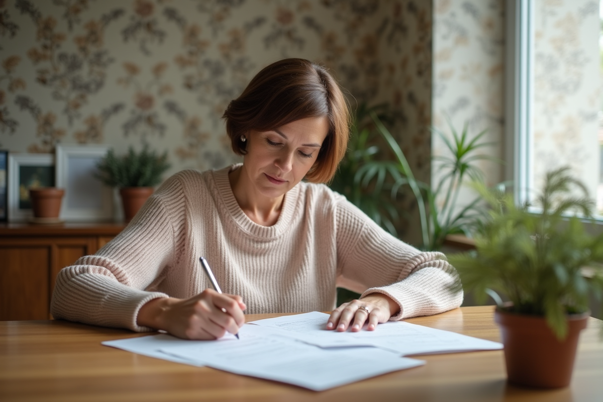 Femme d'âge moyen relisant des papiers à la maison
