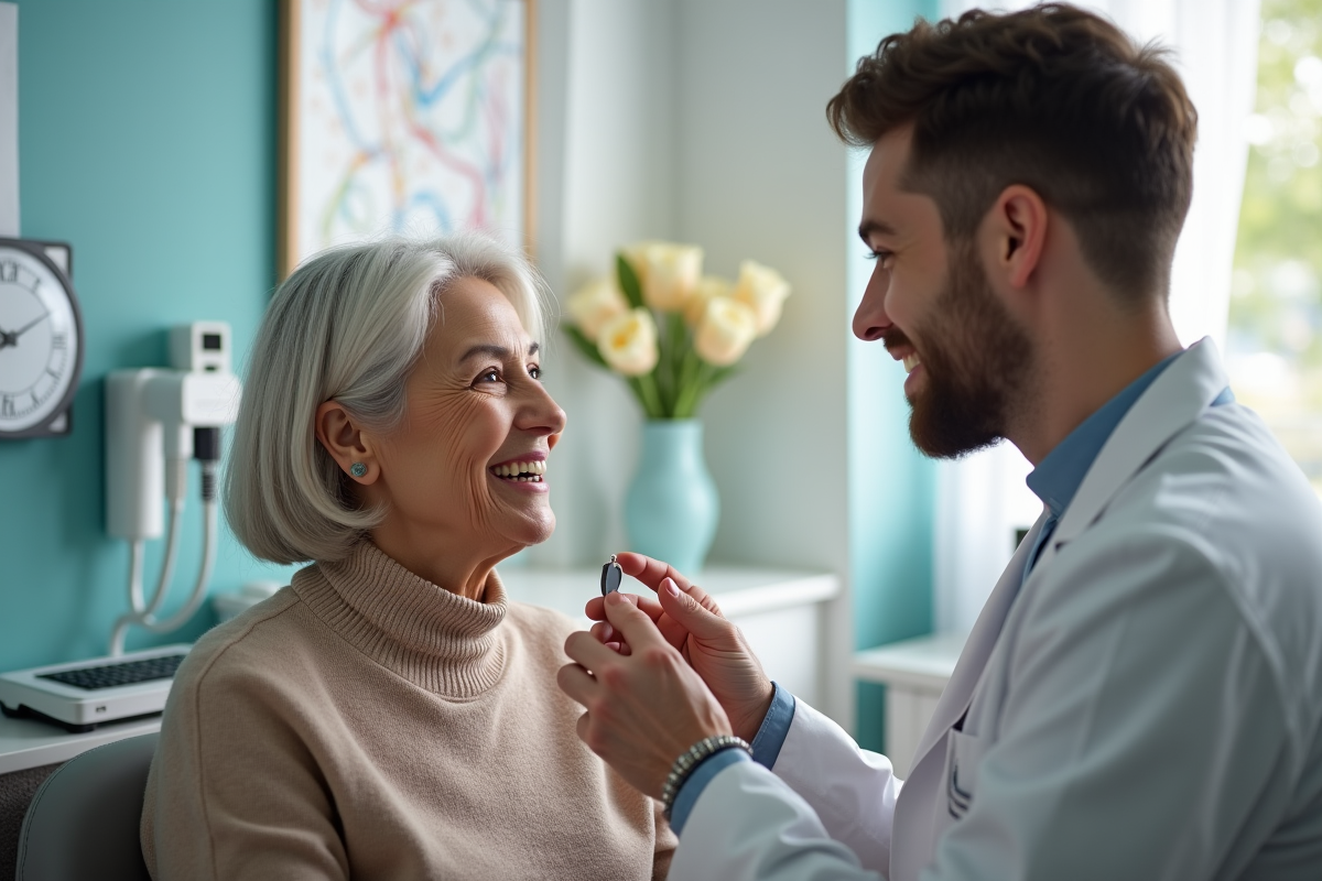 Femme senior souriante parlant avec un audiologue dans une clinique lumineuse