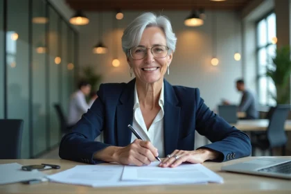Femme senior confiante au bureau avec documents