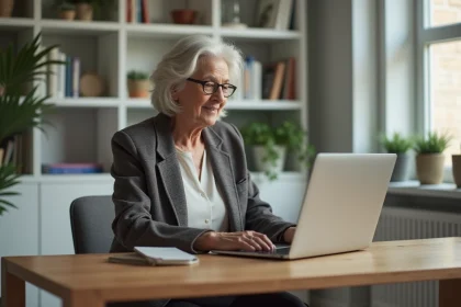 Femme senior travaillant sur son ordinateur dans un bureau accueillant