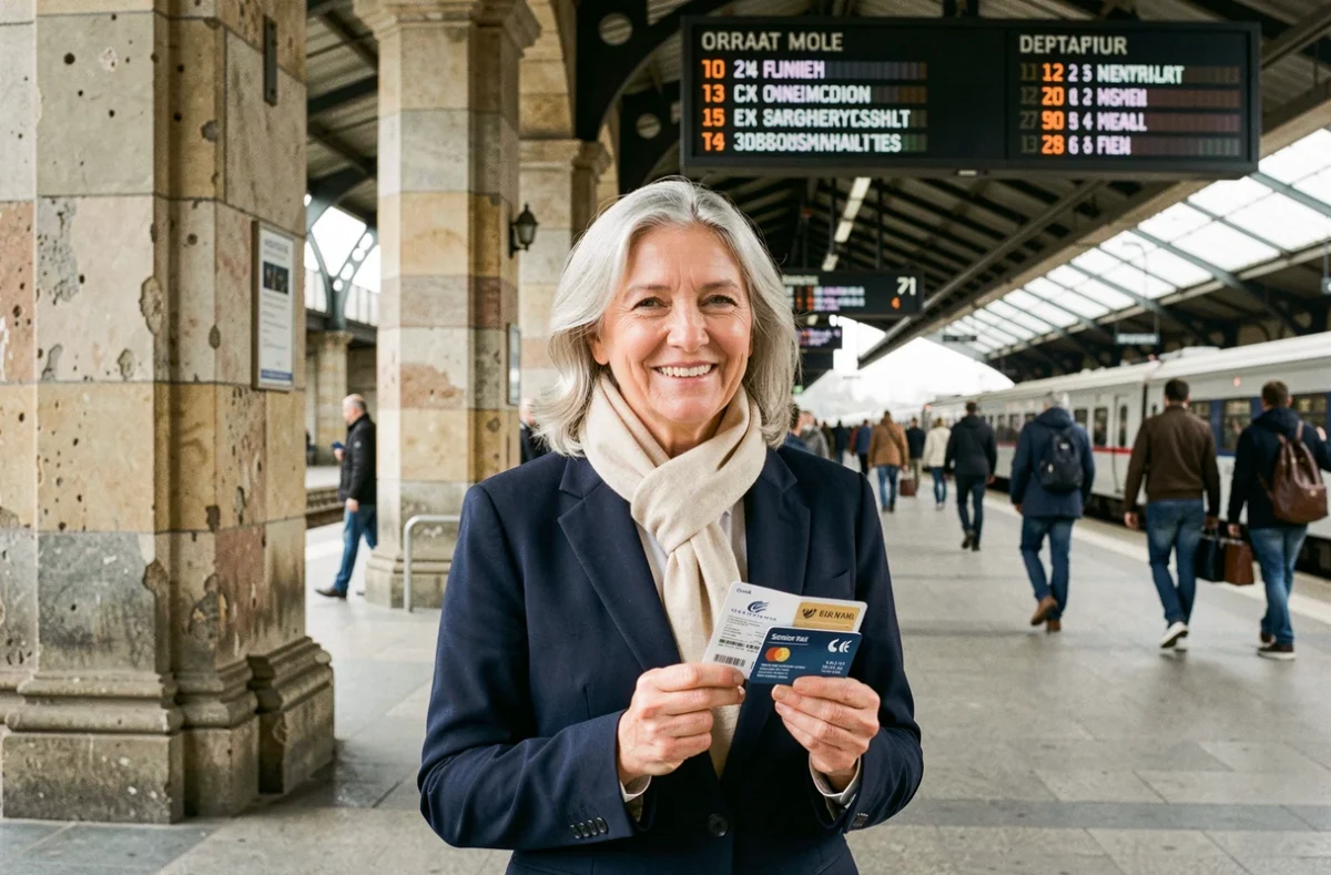 Femme senior souriante tenant une carte de réduction et un billet de train dans une gare européenne