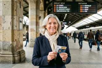 Femme senior souriante tenant une carte de réduction et un billet de train dans une gare européenne