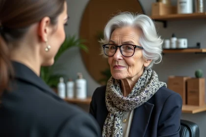 Femme senior &eacute;l&eacute;gante en salon coiffure avec miroir et produits