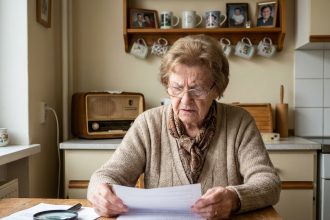 Femme senior examinant des documents dans sa cuisine