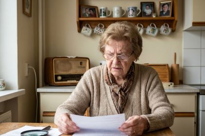 Femme senior examinant des documents dans sa cuisine