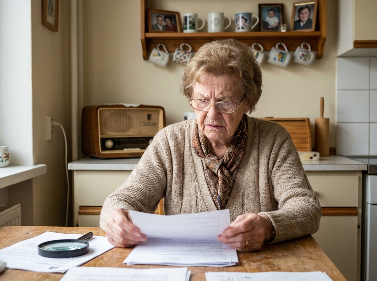 Femme senior examinant des documents dans sa cuisine