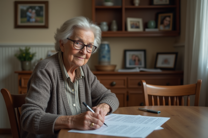 Femme senior remplissant des papiers dans son appartement