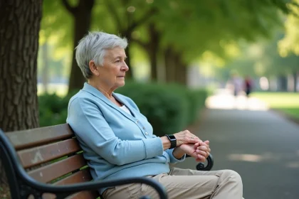 Femme senior assise dans un parc avec bracelet GPS discret