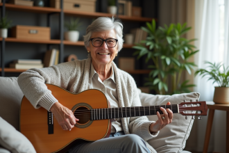 Femme senior jouant de la guitare à la maison