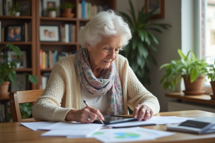 Femme &acirc;g&eacute;e examinant des papiers d'investissement dans un salon chaleureux