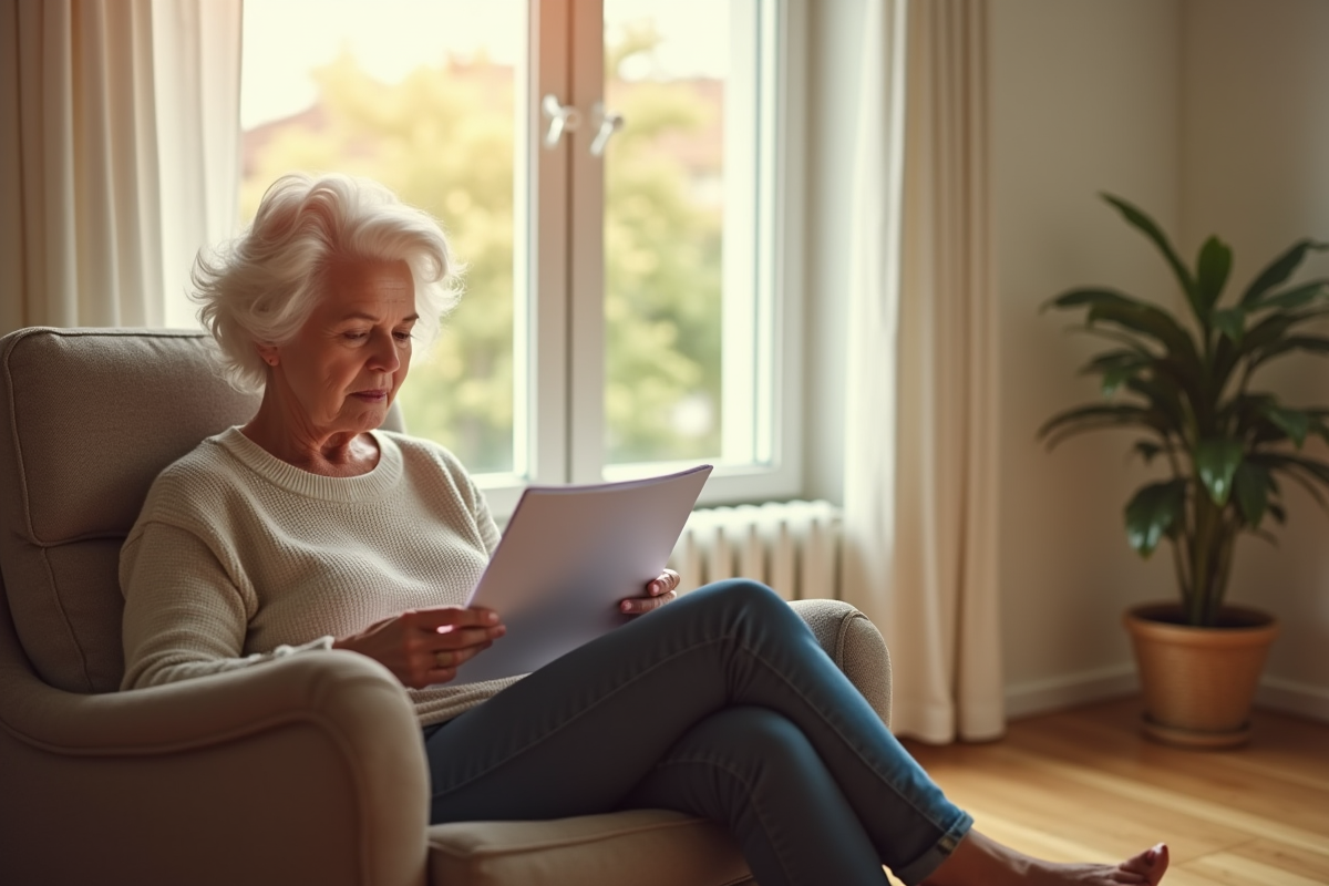 Femme senior se relaxant à la maison en lisant des documents de retraite