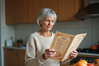 Femme senior examinant attentivement un menu de pizzas avant de passer commande