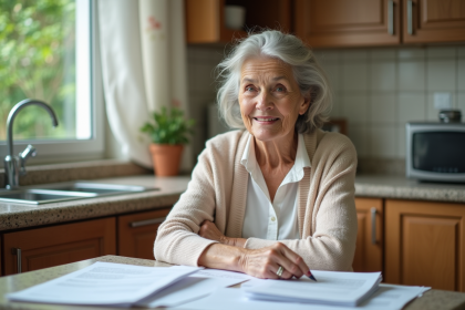 Femme senior assise avec factures dans une cuisine lumineuse