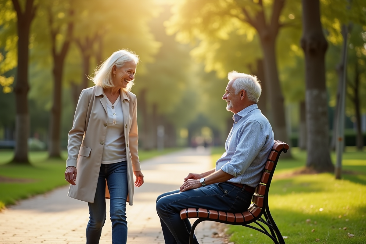 Femme senior marchant dans un parc ensoleille avec un homme