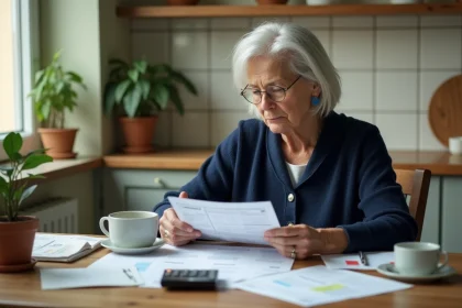 Femme senior consultant ses relevés de retraite Agirc-Arrco à domicile avec une calculatrice