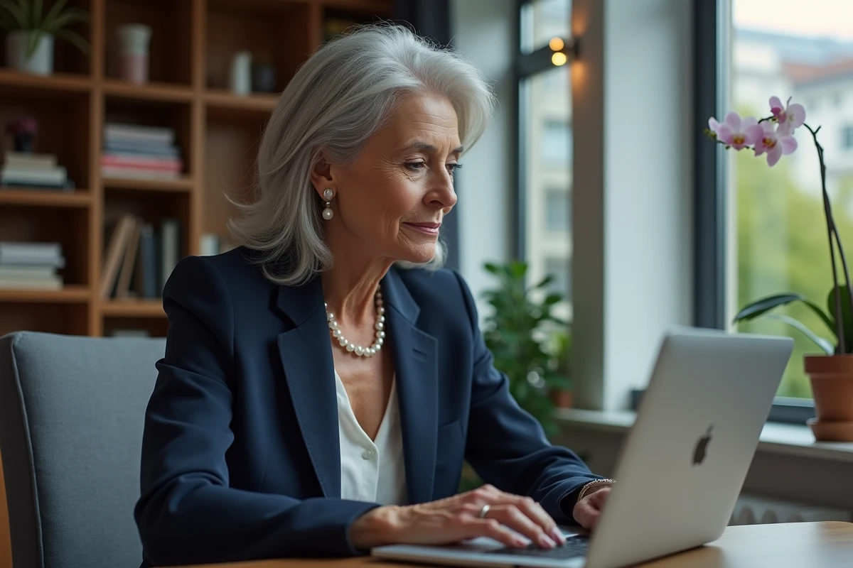 Femme senior distinguée aux cheveux argentés consultant un site de rencontre haut de gamme sur son ordinateur depuis son bureau élégant à domicile