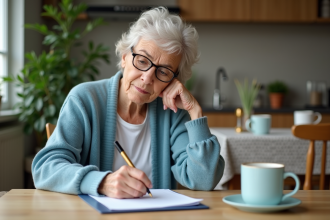 Femme senior en train de faire un test cognitif à la maison