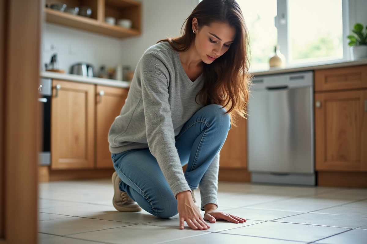 Femme examinant des tuiles de cuisine modernes