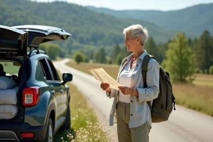 Femme confiante en voyage en campagne avec voiture et carte