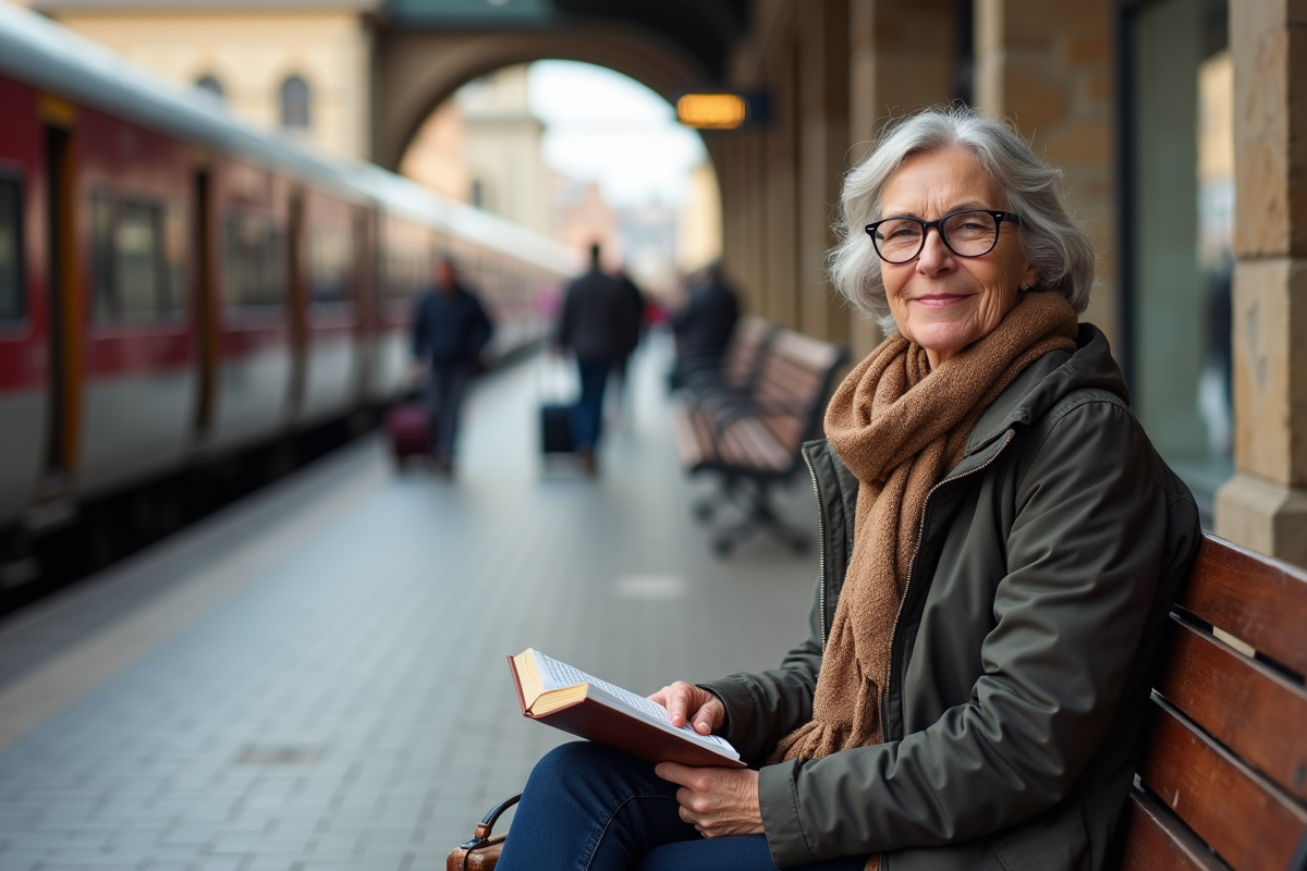 Femme septuagénaire souriante avec guide dans une gare