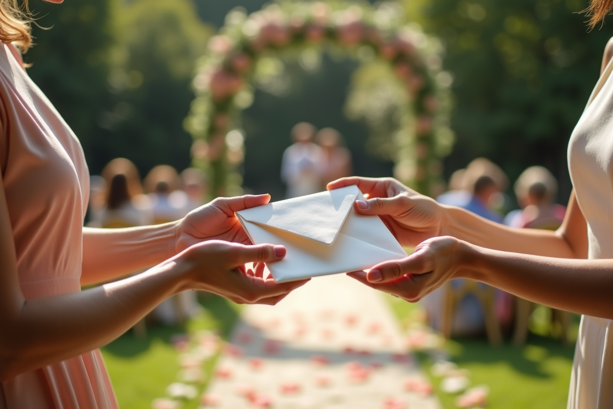 Deux femmes échangeant une carte de mariage en extérieur