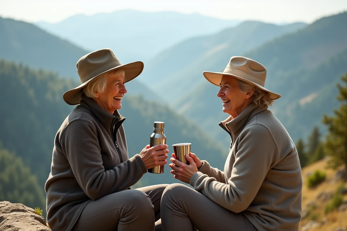 Deux femmes seniors célibataires partageant un moment de complicité au sommet d'un belvédère montagnard lors d'une randonnée