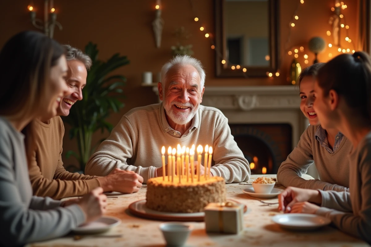 Homme de 70 ans assis à une table d'anniversaire décorée avec un gâteau et des bougies entouré de sa famille