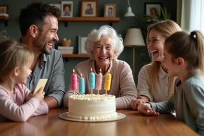 Femme de 70 ans riant avec famille lors d'une f&ecirc;te d'anniversaire