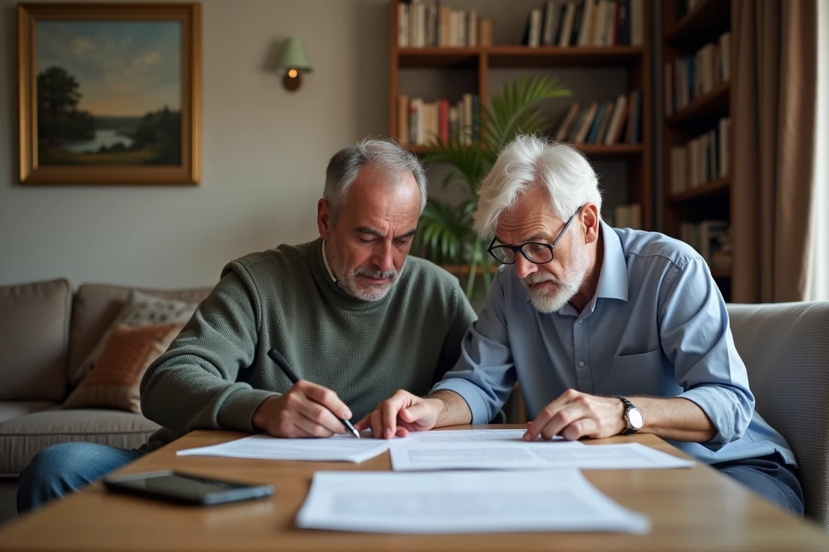 Fils aidant son p&egrave;re &acirc;g&eacute; &agrave; remplir des formulaires