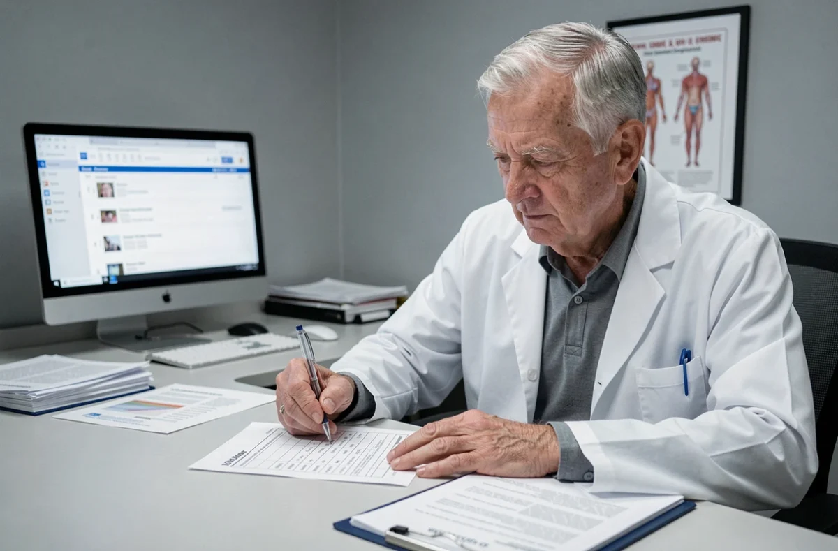 Médecin gériatre analysant les résultats d'un score IADL pour évaluer les limites et biais de l'outil d'évaluation fonctionnelle