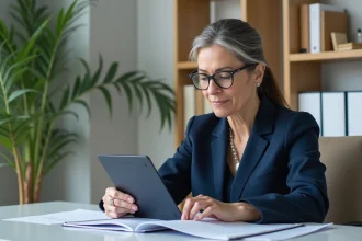 Professionnelle en tutelle consultant une application de gestion sur tablette dans un bureau moderne